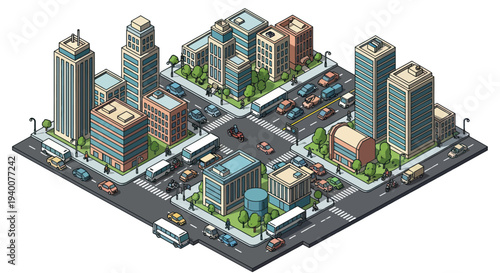 Isometric Pixel Art Cityscape with Buildings, Cars, and Buses on Streets