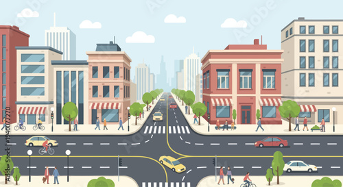 City Street Scene with Buildings, Cars, and People - Urban Landscape Illustration