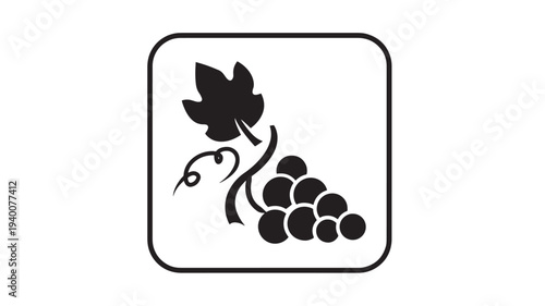 Grapes stylized icon with a leaf and vine inside a rounded square frame, offering a simple artistic representation for food or drink concepts.