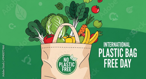 Eco friendly shopping bag with fresh produce and international plastic bag free day text on green background