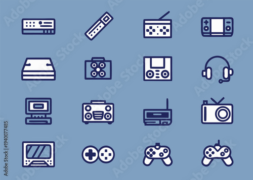 A set of sixteen thin line retro technology icons such as a VCR and a handheld game console positioned in a grid on a light blue background using navy blue outlines.