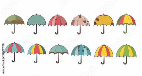 Cute cartoon umbrella set vector with colorful patterned parasols for rainy weather season illustration
