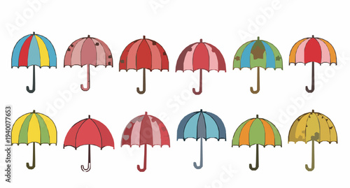 Cute colorful umbrella banner vector with cartoon parasol pattern set for rainy weather design