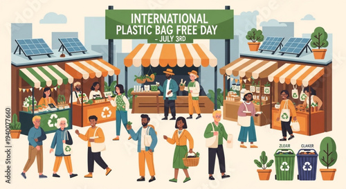International plastic bag free day illustration with people at eco friendly market