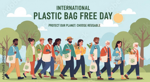 Diverse group of people walking on green grass with reusable bags on international plastic bag free day