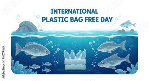 International plastic bag free day illustration with fish and plastic bags underwater