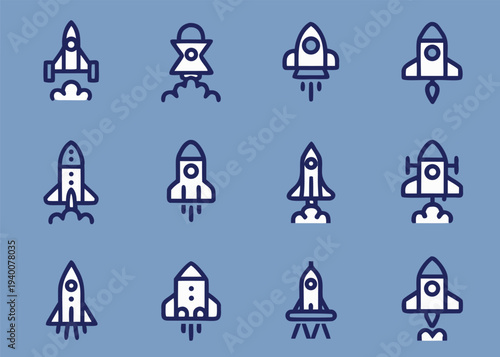Twelve rocket icons showing different launch stages and exhaust plumes are organized in a grid on a light blue-gray background.