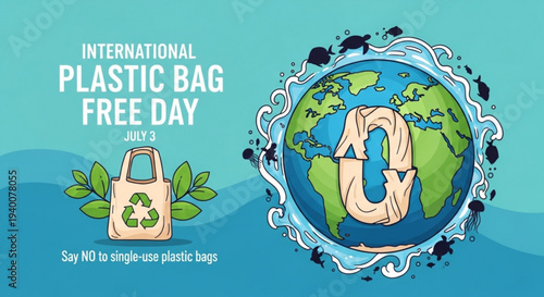 International plastic bag free day illustration with earth and recycling symbol