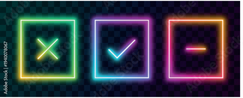 Three neon frames display a yellow x a blue checkmark and a pink dash isolated on transparency