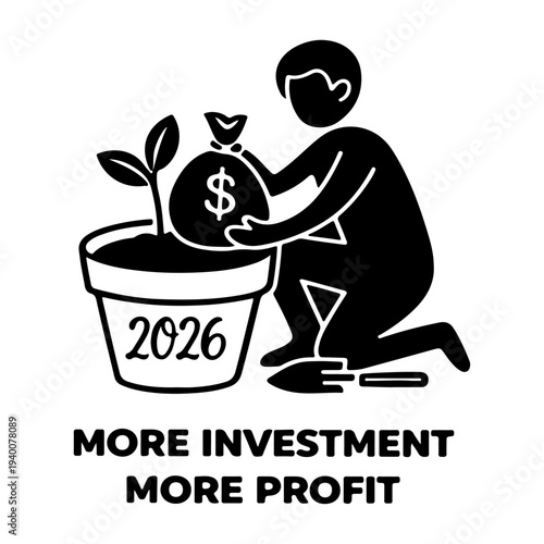 Business growth and investment profit concept illustration with businessman watering money bag in flowerpot labeled 2026, financial growth, return on investment, wealth increase, savings and startup f