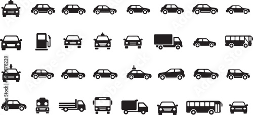 Illustration of set of black vehicle and car icons