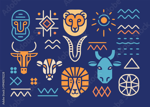 Eleven geometric animal head illustrations and several abstract tribal symbols including a sun and wave patterns are arranged on a dark blue background.