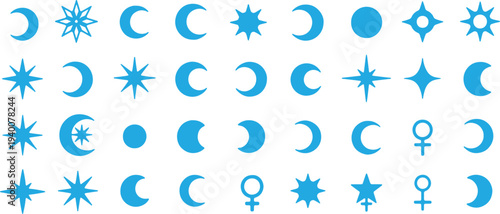 Illustration of set of blue celestial icons moons stars and planetary symbols