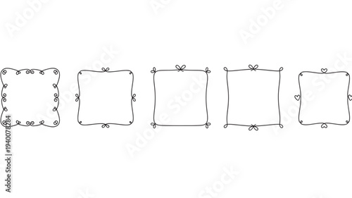 Frames hand drawn set with black abstract swirls, hearts, and bows in various decorative square shapes on a white background