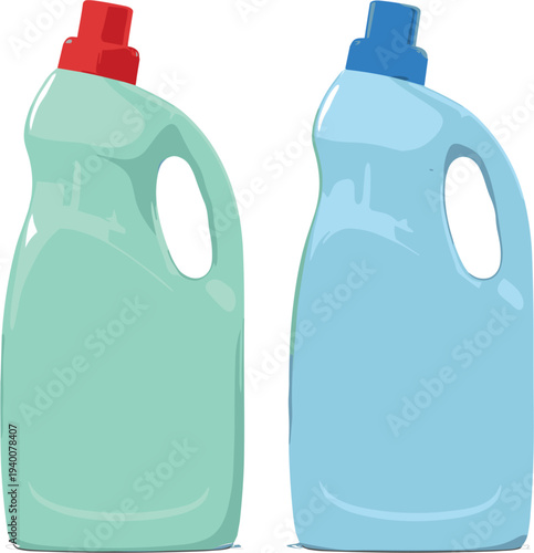 Plastic laundry detergent or liquid cleaning supply bottles in blue and green colors with caps isolated on white background for household chores and domestic product designs