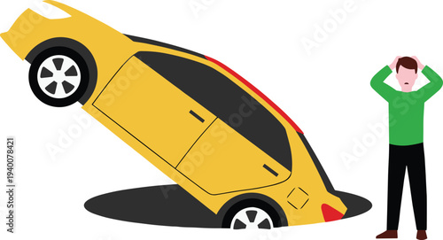 Car Sinking Into Large Road Pothole While Shocked Driver Holds Head Urban Traffic Accident Concept Showing Dangerous Road Damage Infrastructure Failure Vehicle Insurance Risk Illustration