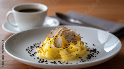 Michelin star dining, Silky egg tagliolini dressed simply in cultured butter and finished tableside with shaved white Alba truffle. Ingredient-led luxury