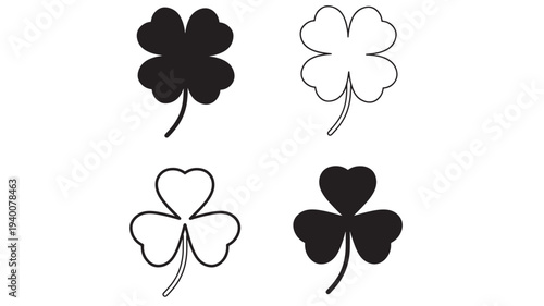 Shamrock and four-leaf clover icons with solid fill and outline styles for luck and St. Patrick's Day