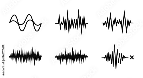 Sound wave icons, set of black audio frequency silhouettes and musical pulse elements isolated on white background
