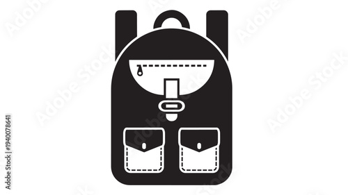 Backpack simple black icon with two front pockets, a zipper, and shoulder straps for carrying. featuring bag, white, silhouette with cartoon and