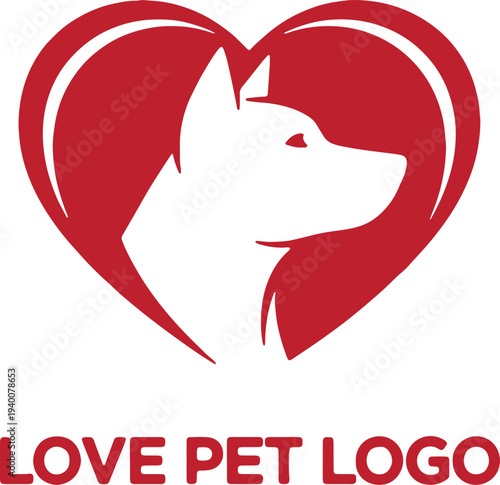 Illustration of love pet logo with dog silhouette inside red heart shape
