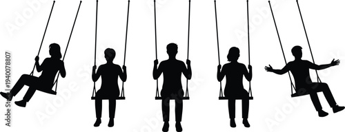 Collection of children and people silhouettes riding playground swings showing playful motion, childhood fun and outdoor park activity concept isolated for recreation design use