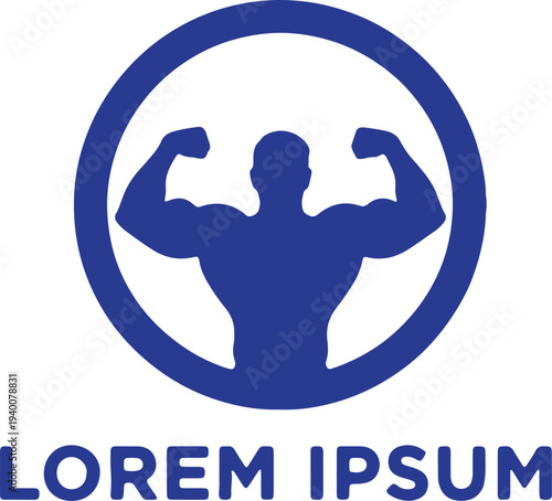 Illustration of blue fitness logo featuring muscular man silhouette in circle