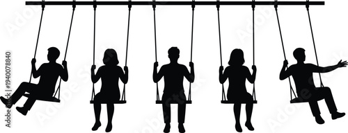 Children Swinging on Playground Swings Silhouette Collection, Kids Playing Outdoor Activity, Childhood Fun and Leisure Concept, Park Recreation Illustration Isolated for Education,