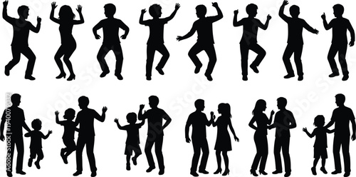 Collection of dancing people silhouettes including adults, couples and children celebrating energetic party poses, joyful family movement isolated for social activity, music, lifestyle concepts