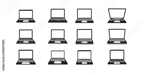 Modern laptop icons in flat design, multiple views and open screen presentations
