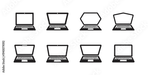 Minimalist notebook computer icon collection showcasing various monitor shapes and keyboard layouts