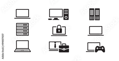 Digital technology icons for devices and hardware including computers and servers