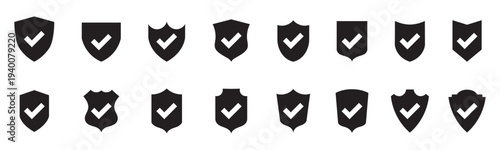 Black shield check mark icon set. Security shield protection icon. Shield with tick symbol. Security protection sign. Vector illustration