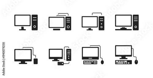 Desktop computer icons with monitors towers mice and keyboards on white background