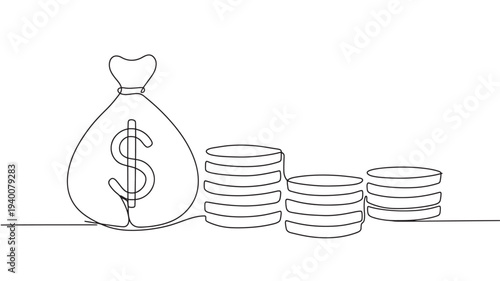 Money bag with dollar sign next to growing stacks of coins, illustrated with a single continuous line drawing.