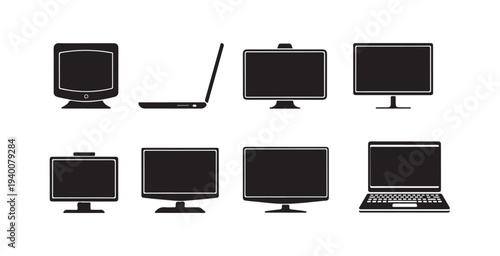 Computer monitor and laptop display icons set featuring black silhouettes of various screen devices