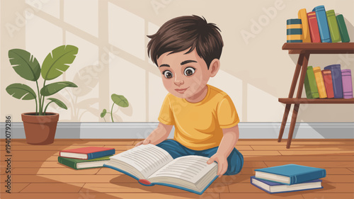 A young boy reads intently on the floor surrounded by books and a potted plant in a bright room