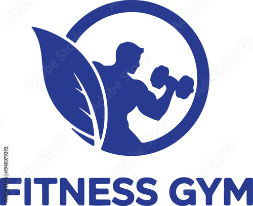 Illustration of fitness gym logo design with man lifting dumbbell and leaf