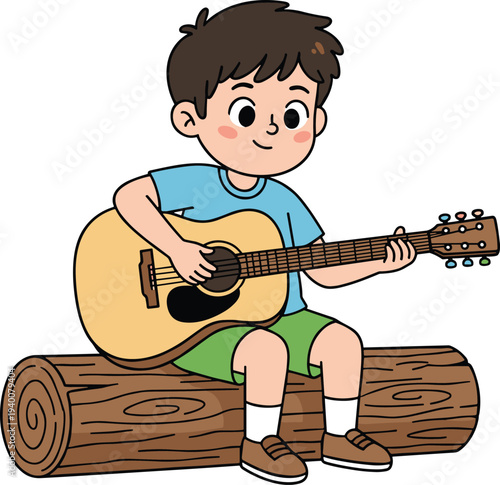 Cute cartoon boy playing acoustic guitar while sitting on a wooden log, cheerful child musician illustration for kids music education, hobby learning, creativity concept