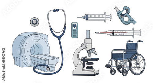 Medical equipment and hospital tools set of diverse clinical instruments including MRI scanner microscope and wheelchair isolated on white background
