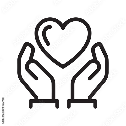 Thin Outline Icon Heart in Hands Two Hands Holding a Heart. Such Line Sign as Gesture Charity Message Love and Care, Caring Hands Donation or Healthcare. Vector Isolated Pictogram on White Background.