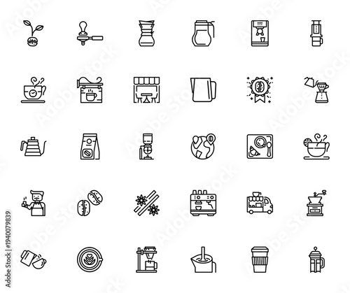 Coffee icon set. Minimal vector icons pack. Includes coffee maker, espresso, latte, barista, beans, grinder, french press and more. Editable stroke.