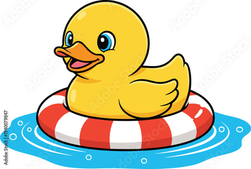 Cute yellow rubber duck floating on red and white lifebuoy in water, playful cartoon bath toy illustration for kids, summer pool concept, cheerful aquatic character design