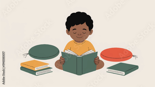A young dark skinned boy reads a green book surrounded by colorful books and pillows
