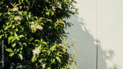 Lush green bush with delicate white blossoms