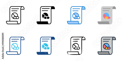 Prescription icons set multiple style collection. Editable stroke 
