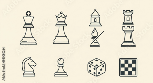 Chess pieces and game icons including king queen rook bishop knight pawn dice and checkerboard on beige background