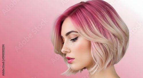 Wallpaper Mural Woman with Stylish Pink Ombre Bob Hairstyle on Gradient Background Torontodigital.ca