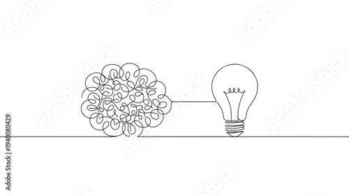 Light bulb connected to a tangled scribble representing a complex idea, single line art featuring complexity, simplicity, problem with solution and