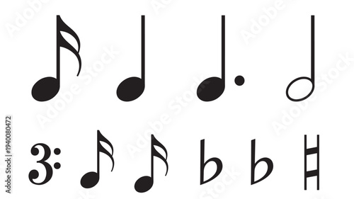Musical notes and symbols including sixteenth notes, eighth notes, dotted eighth note, quarter note, triplets, and double flat symbols with a white